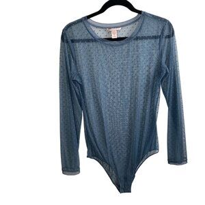 Victorias Secret Clip Dot Sheer Bodysuit Dusty Blue Y2K Long Sleeve Coquette-L